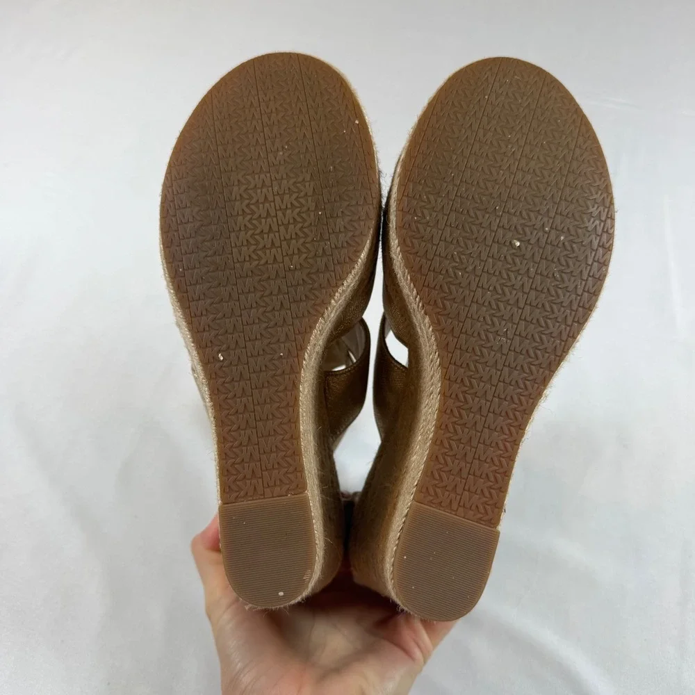 Michael Kors Gold Danita Metallic Leather Front Zip Espadrille Wedge Sandals 10M